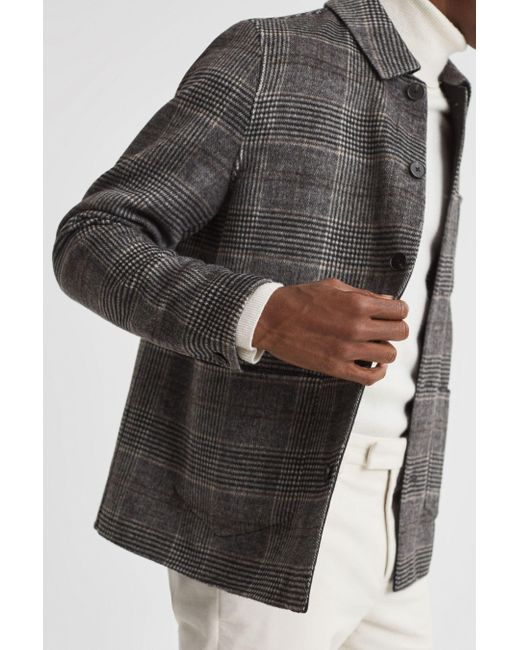 Reiss Black Covert - Charcoal Wool Blend Check Overshirt for men