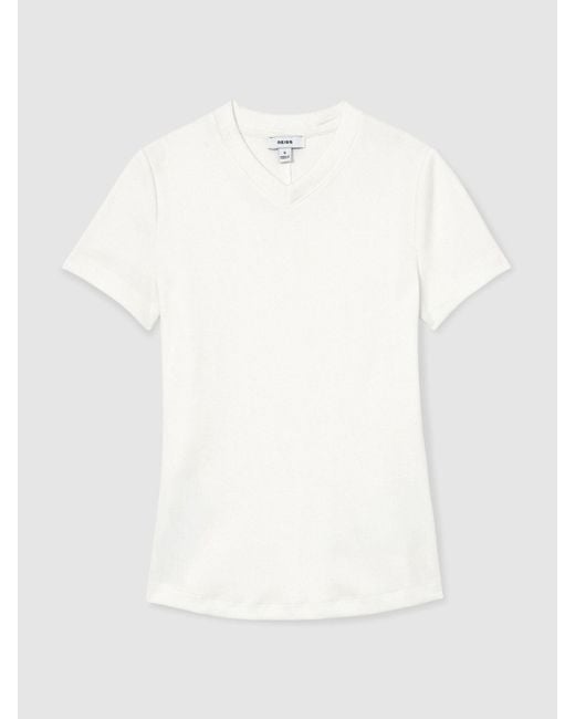 Reiss White Cotton-Stretch High V-Neck T-Shirt