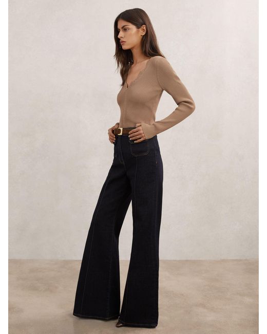 Reiss Blue Lara - Taupe Neutral Crochet Stitch Top, M