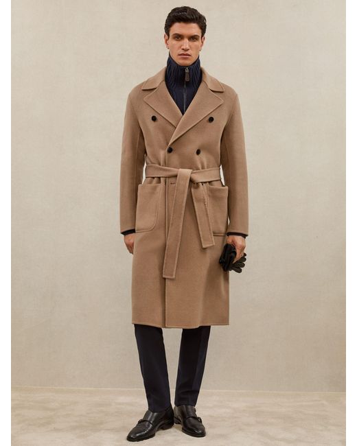 Reiss Natural Sangiovese - Atelier Camel Brown Atelier Double-breasted Tie-waist Overcoat, M for men