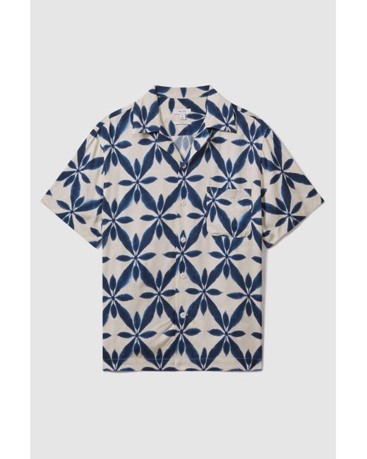 Reiss Multicolor Marabel - Ecru/navy Relaxed Printed Cuban Collar Shirt for men