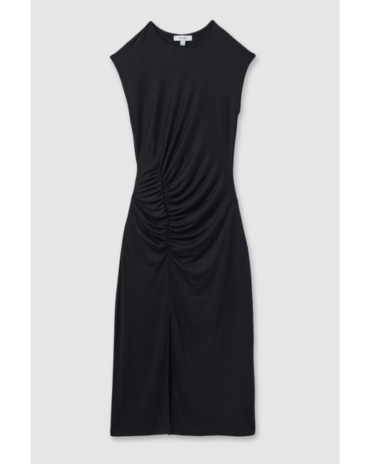 Reiss Multicolor Lenara - Charcoal Ruche Front Capped Sleeve Jersey Midi Dress