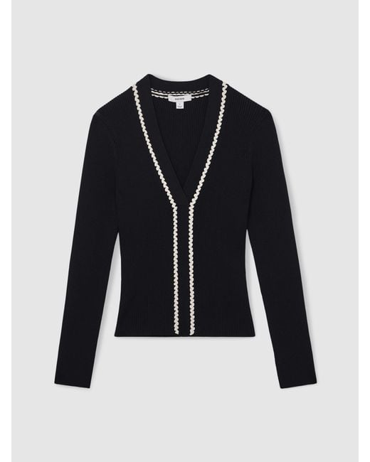 Reiss Blue Craft-Stitch Rib-Knit Top