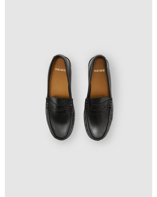 Reiss Black Leather Penny Loafers for men