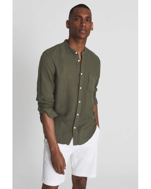 Reiss Green Ocean - Olive Linen Grandad Collar Shirt for men