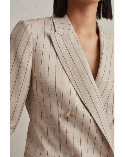 Reiss Natural Odette - Neutral Wool Blend Striped Double Breasted Blazer