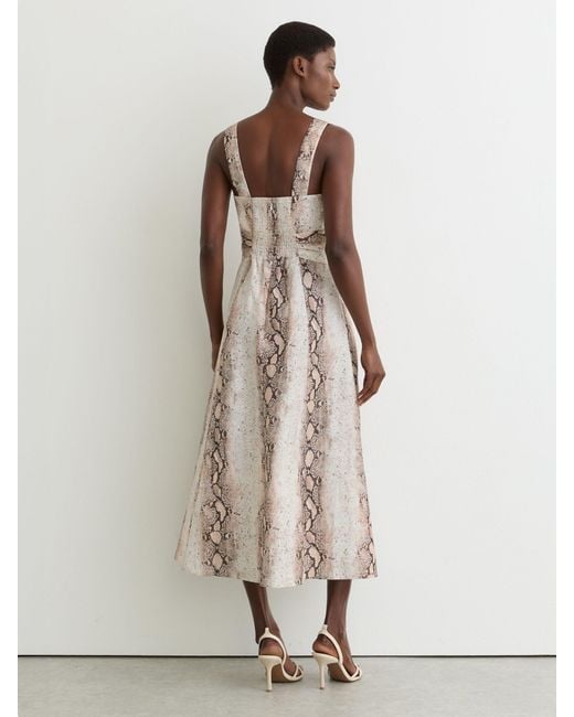 Reiss Natural Amy - Neutral Linen-blend Snake-print Midi Dress, Us 6