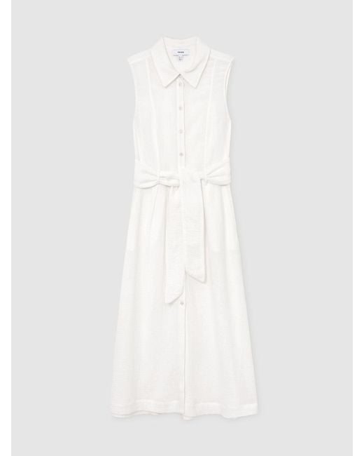 Reiss White Cotton Cheesecloth Belted Shirt Dress