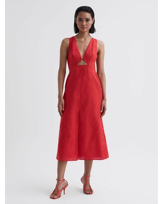Reiss Red Cotton-Linen Midi Dress