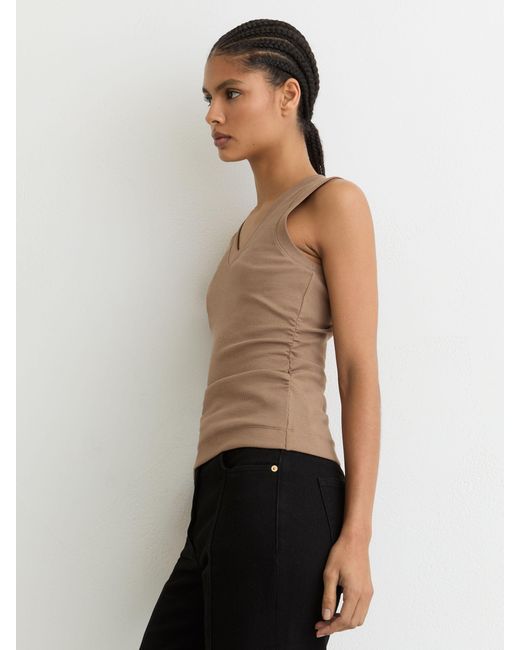 Reiss White Sandy - Neutral Stretch-cotton Rib Ruched V-neck Vest, Xs (us 2)