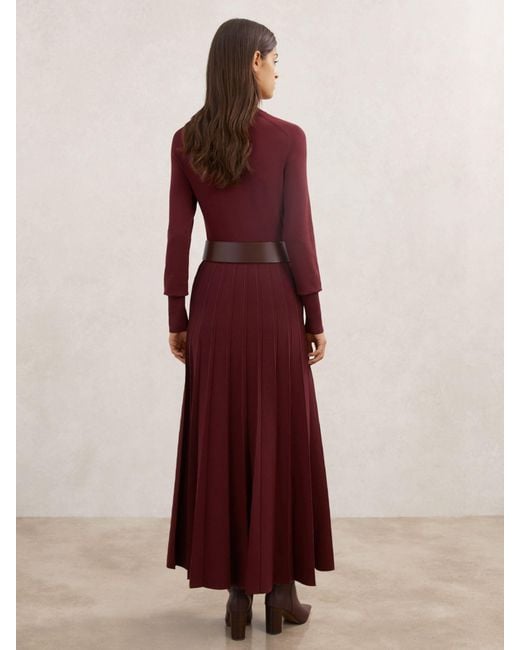 Reiss Red Petite Belted Knit Pleated Midi Dress