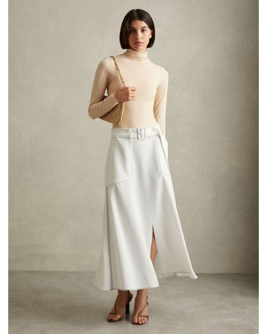 【海外限定】REISS☆スカートIvory Micha Contrast Stitch Belte Reiss Micha Ivory Contrast Stitch Belted Midi Skirt - REISS