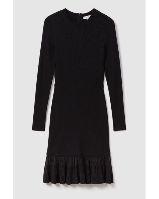 Reiss Teagan - Black Knitted Sheer Flared Mini Dress, M