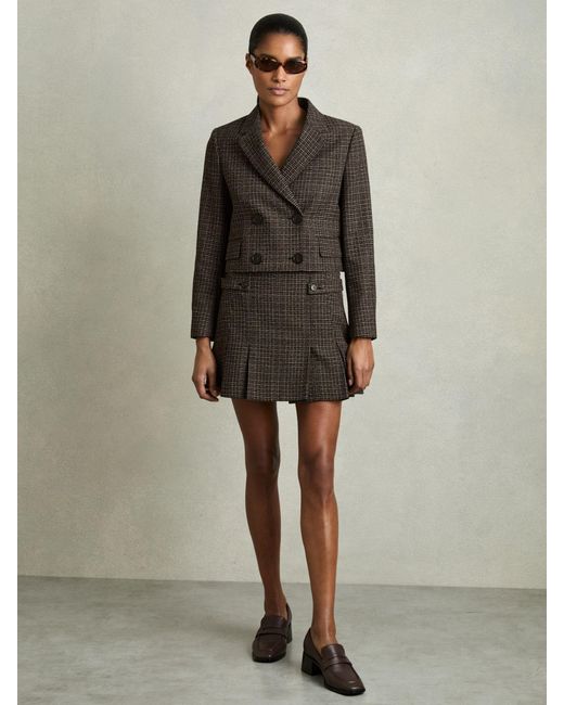 Reiss Brown Double-Breasted Tweed Cropped Blazer