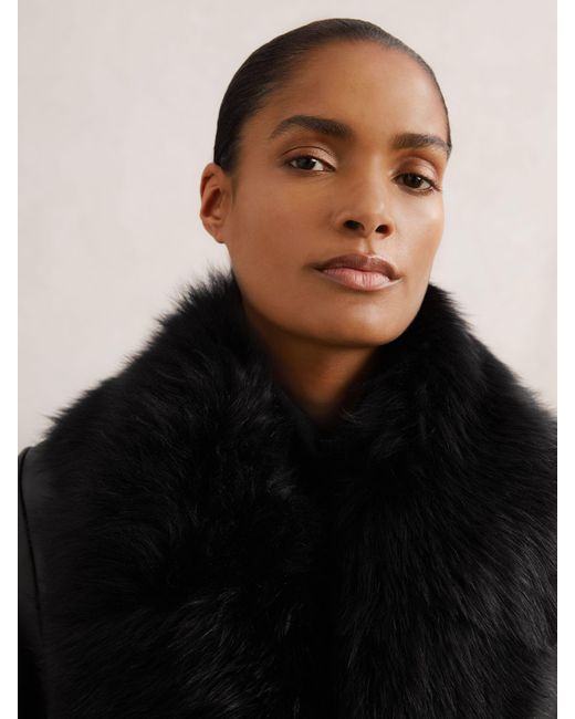 Reiss Estee - Black Leather Trench Coat With Shearling Collar, Us 8