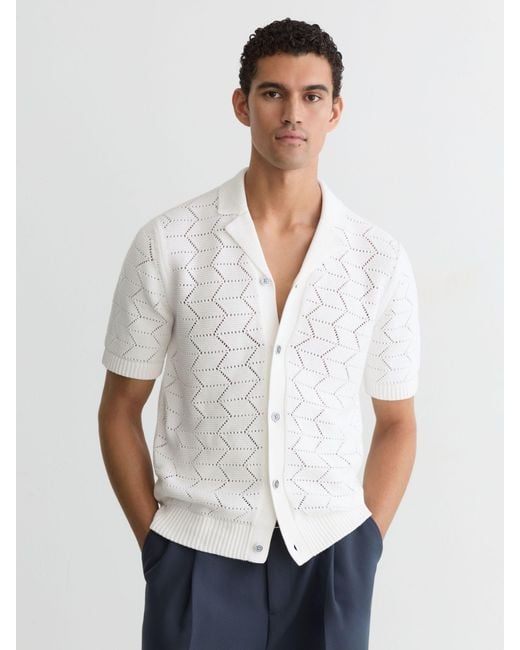 Reiss White Dalkeith Pointelle-Knit Cuban-Collar Shirt for men