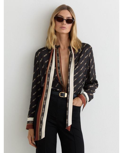 Reiss Lydia - Black Chain-print Tie-neck Shirt, Us 2
