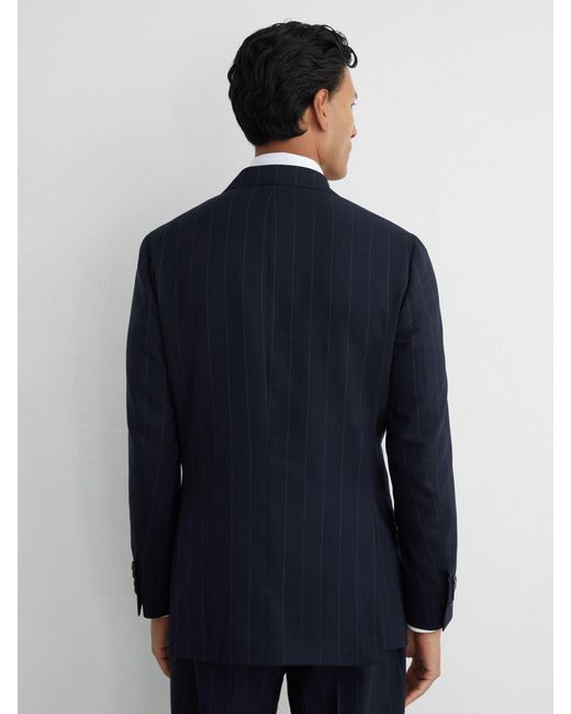 Reiss Blue Virgin Wool Pinstripe Double-Breasted Suit Blazer Tailored-Fit for men
