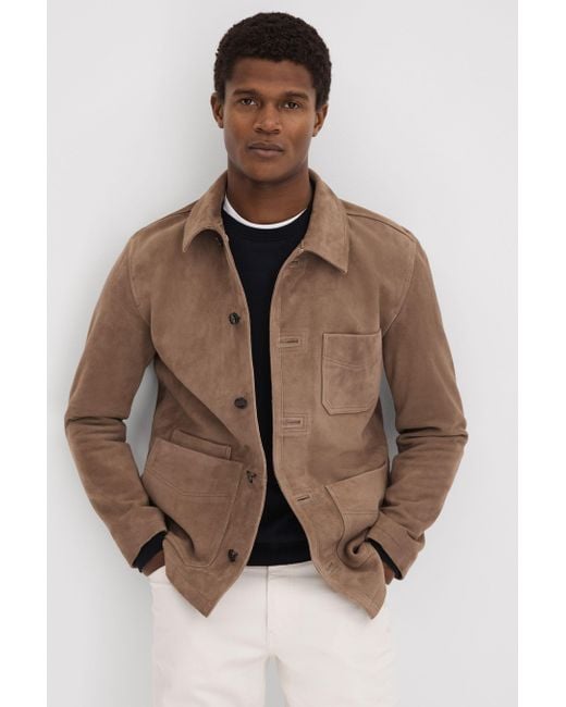 Reiss Brown Roma - Mocha Suede Button-through Jacket for men