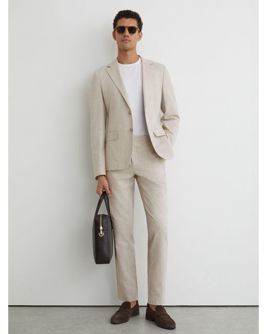 Reiss Natural Linen-Cotton Check Tailored-Fit Trousers for men