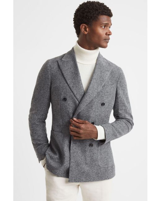 Reiss Gray Soho - Grey Slim Fit Double Breasted Wool Blend Blazer for men