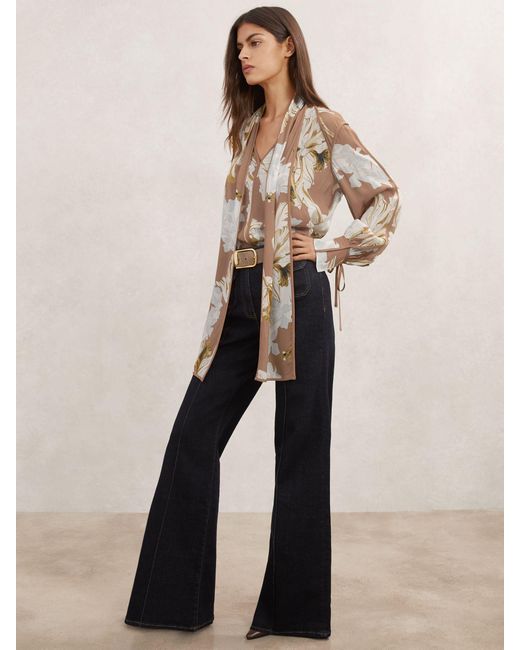 Reiss Natural Maggie - Pink/ivory Floral-print Tie-neck Blouse, Us 2