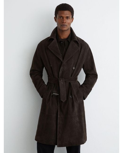 Reiss Black Marais - Chocolate Brown Suede Double-breasted Trench Coat, M for men