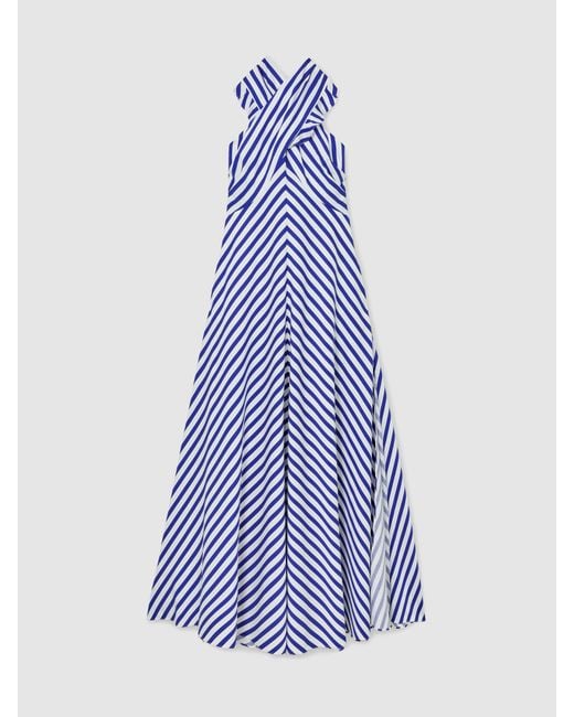 Reiss Blue Striped Halterneck Ruffle Maxi Dress