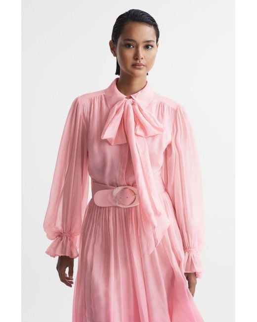 LEO LIN Pink Rayon Silk Tie Neck Midi Dress