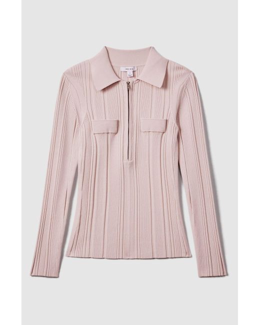 Reiss Pink Clemmie - Nude Ribbed Half-zip Fitted Top, Xs
