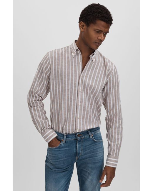 Oscar Jacobson Gray Oscar Cotton-linen Striped Shirt for men