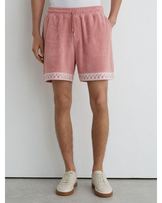 Reiss Yuma - Soft Pink Cotton-blend Towelling Embroidered Shorts, M for men