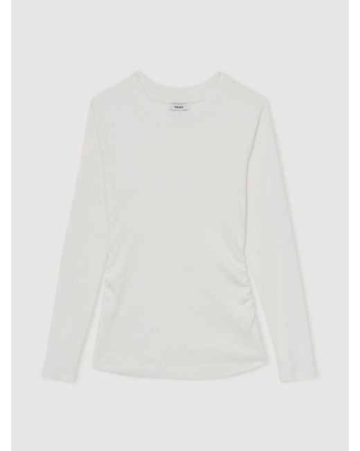 Reiss Tessa - White Cotton Long-sleeve Ruched T-shirt With Stretch, Xs (us 2)
