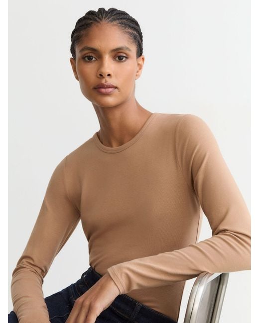 Reiss Brown Cotton Crew-Neck Long-Sleeve T-Shirt With Stretch