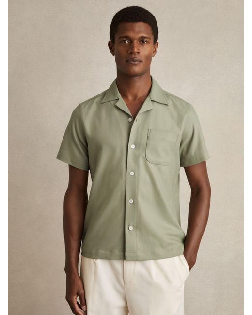 Reiss Green Nitus Herringbone Twill Cuban Collar Short Sleeve Shirt for men