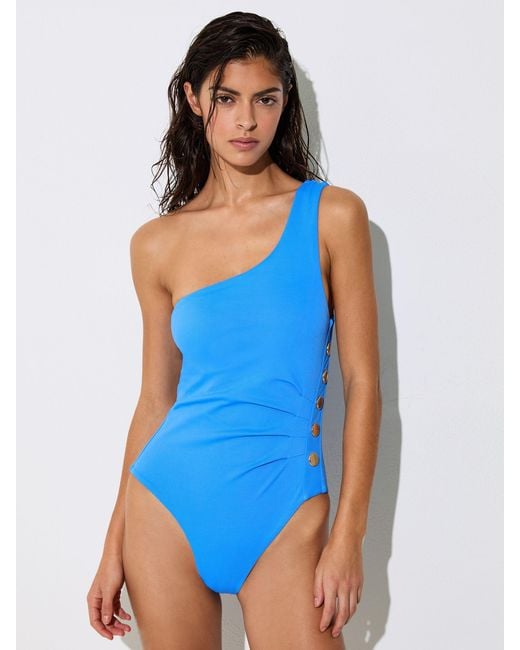 Reiss Palma - Blue One-shoulder Button-detail Swimsuit, Us 0