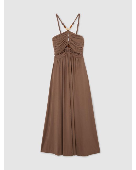 Reiss Brown Jersey Bead-Detail Ruched Maxi Dress