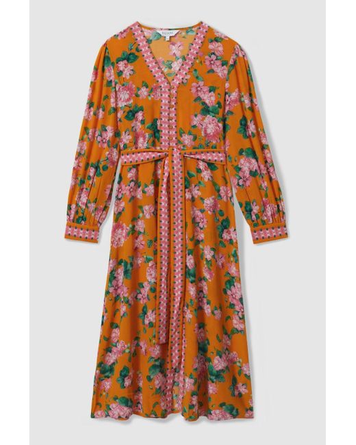 Raishma Orange Silk Belted Midi Dress