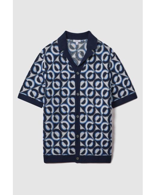 Reiss Blue Frenchie - Navy Crochet Cuban Collar Shirt for men