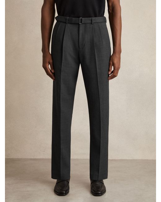 Reiss Natural Strap - Charcoal Grey Wool-blend Tailored-fit Belted Trousers, 28 for men