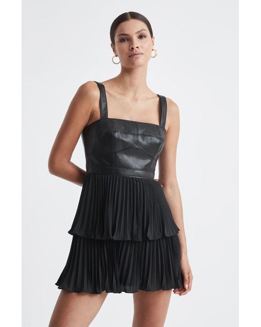 AMUR Faux Leather Tiered Black Mini Dress