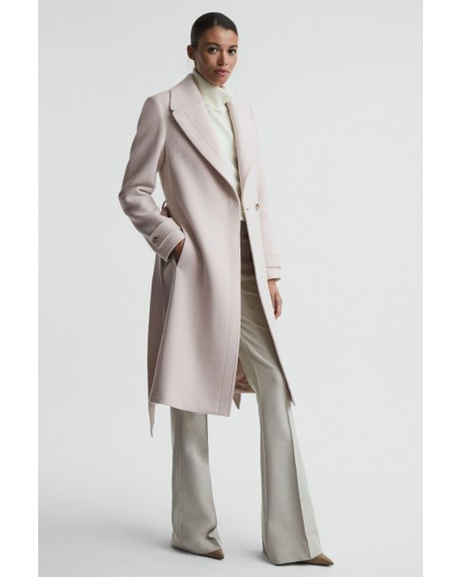 Reiss Natural Tor - Neutral Relaxed Wool Blend Belted Coat
