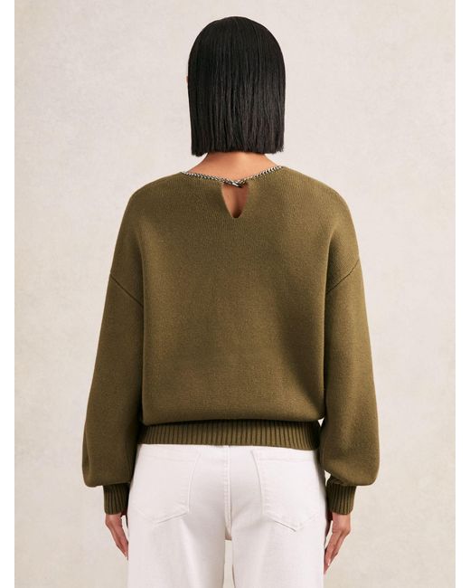 Reiss Green Wool-Blend Necklace-Trim Jumper With Cashmere