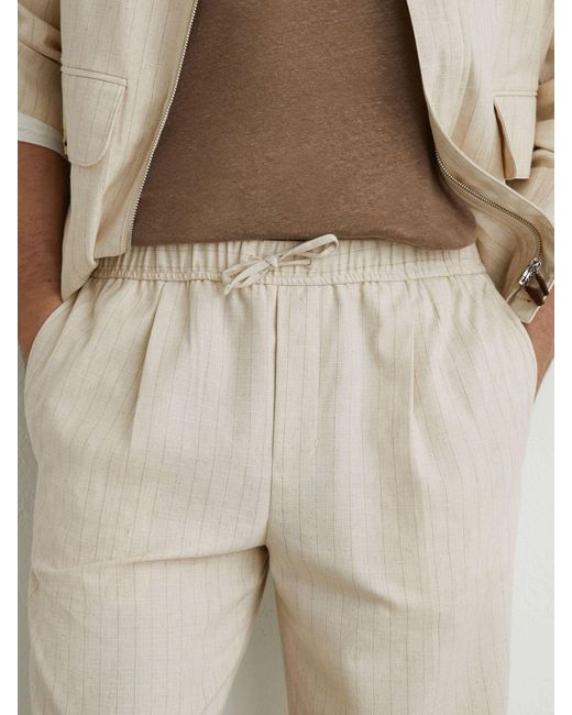 Reiss Natural Slayman - Off White Pinstripe Tapered Drawstring Trousers With Linen, 32 for men