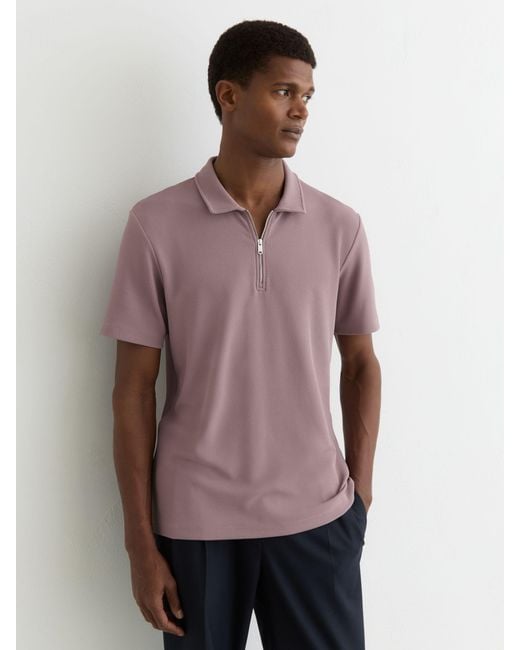 Reiss Purple Forno - Raspberry Pink Half-zip Textured Polo Shirt, S for men