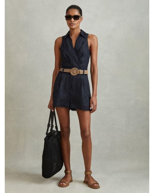 Reiss Blue Linen Double Breasted Belted Playsuit