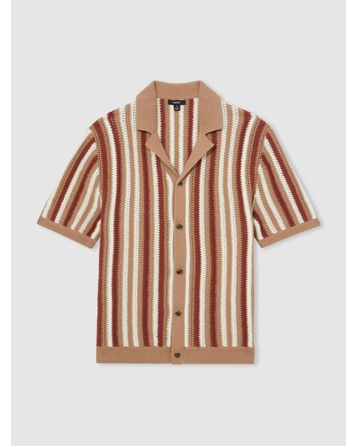 Reiss Brown Carrington - Camel Multi Cotton Crochet Stripe Cuban Shirt, L for men