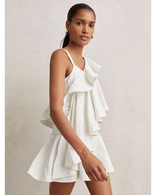 Reiss White Hera Cotton Tiered Ruffle Mini Dress
