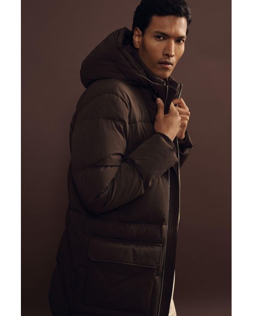 Reiss Brown Quilted Hooded Puffer Coat for men