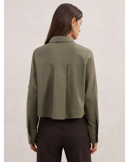 Reiss Brown Caylan - Khaki Green Cotton And Wool Cropped Shirt, Us 12